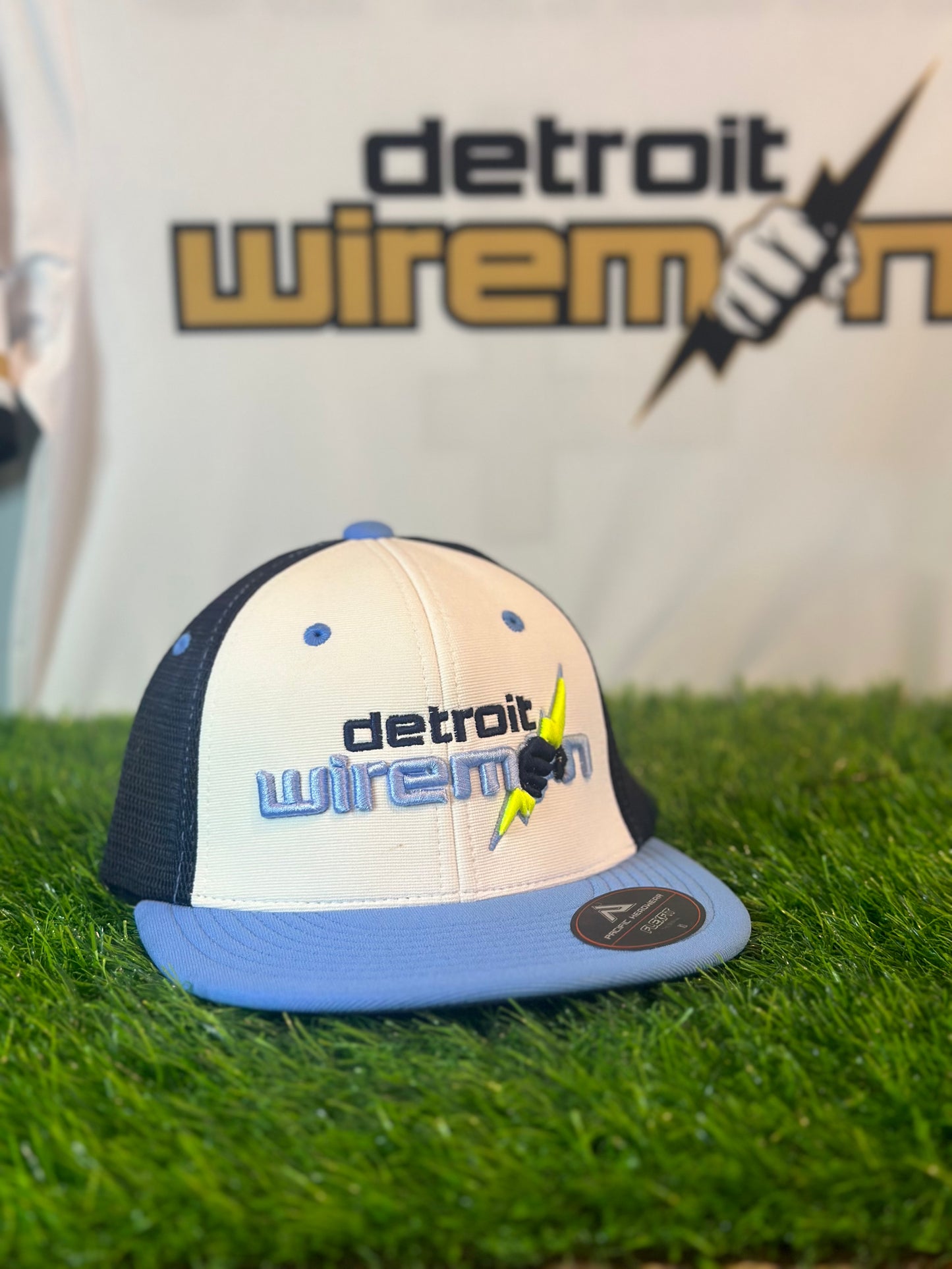Detroit Wiremen Fitted Hat | White & Baby Blue + Navy Mesh | Pacific Headwear ES 341