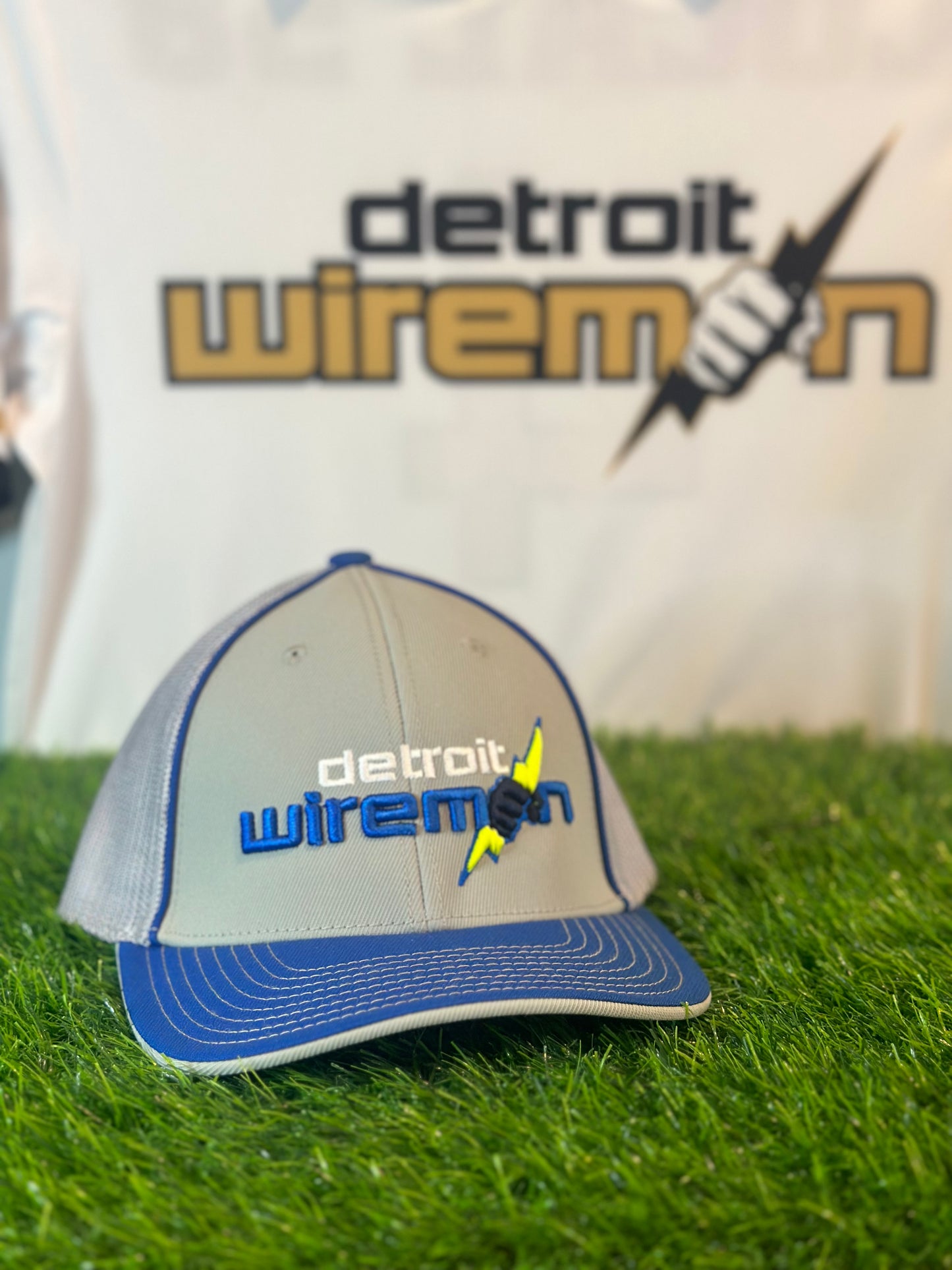 Detroit Wiremen Fitted Hat | Gray & Royal Blue + Gray Mesh | Pacific Headwear 404M