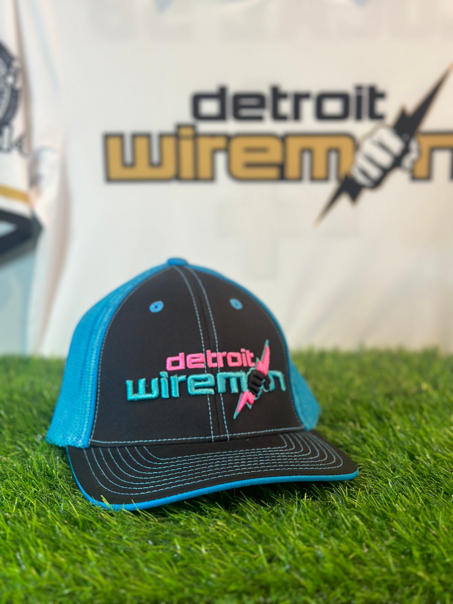 Detroit Wiremen Fitted Hat | Black + Electric Blue Mesh | Pacific Headwear 404M